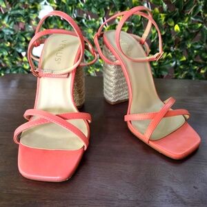 Venus Lori - Coral Raffia Wrapped Block Heel Sandals - Size 6.5